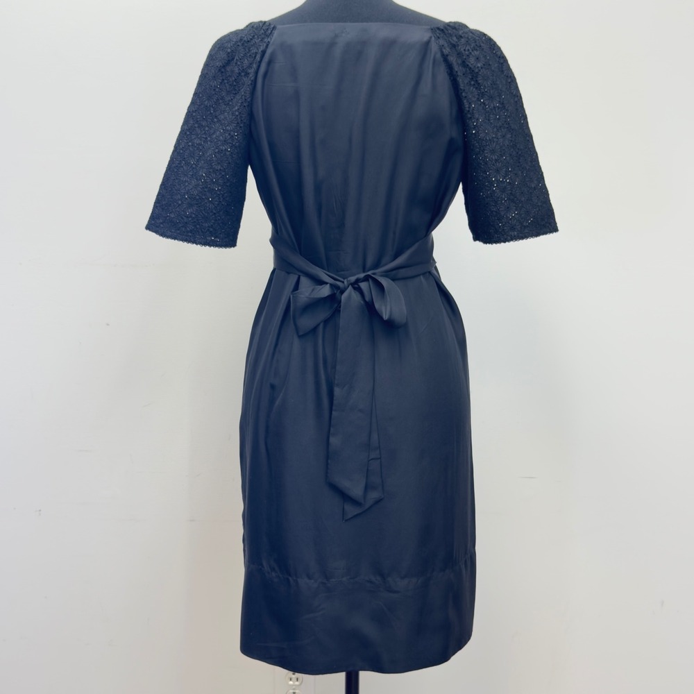 Banana Republic Black Dress 100% Silk Cotton Eyelet Puff Sleeve‎ Tie Back Size 2 - Picture 4 of 10